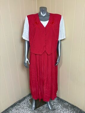 Allison-Che Vintage Dress Womens 24W Red Gingham Embroidered Flower White Top